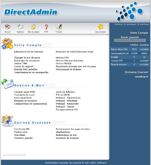 panel d'administration DirectAdmin
